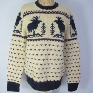 J Crew Womens Small Ivory Red Navy Reindeer Wool LS Sweater Crew Neck Hand Knit